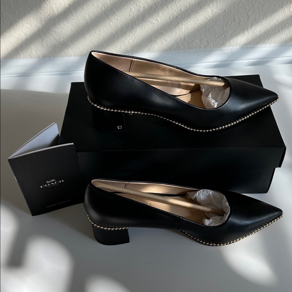 Coach Black Leather Pointed Low Heel Pump with Gold Bead Trim US Size 8B - Picture 8 of 16
